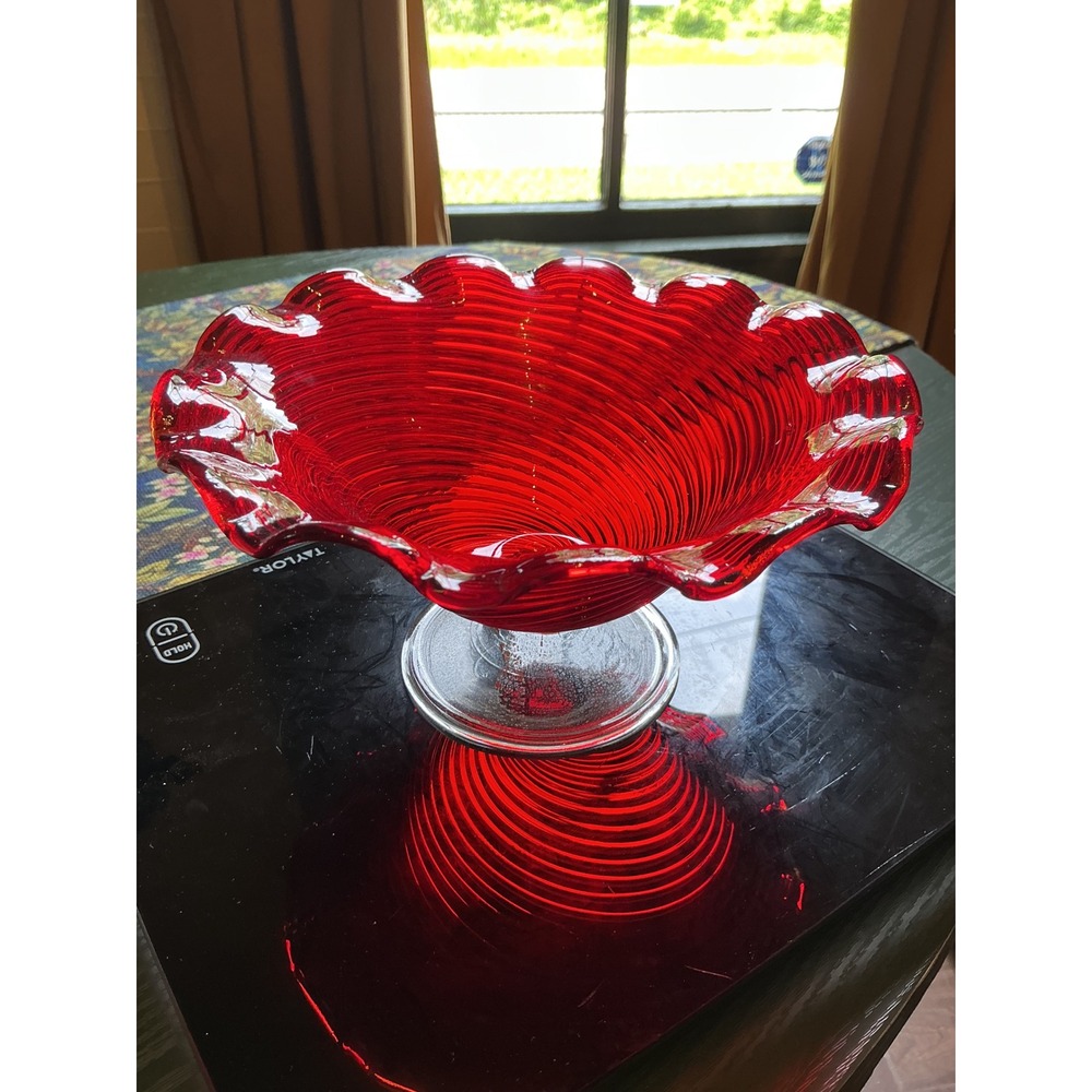 Vintage Murano Handblown Red Swirl Glass Pedestal Bowl Ruffled Scalloped Edge